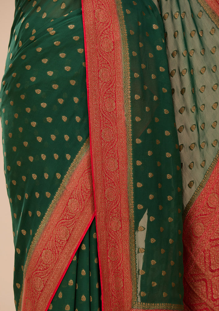 Bottle Green Art Silk Buti Saree With Matching Blouse Piece