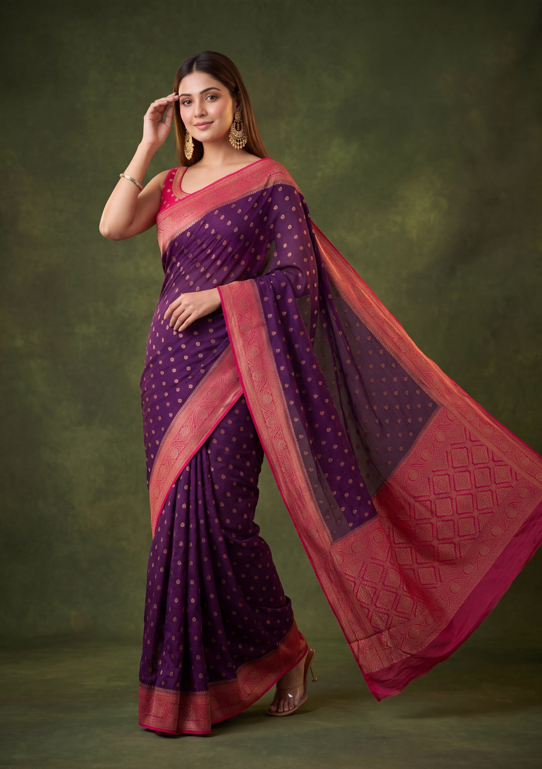 Purple Art Silk Buti Saree With Matching Blouse Piece
