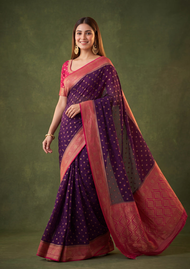 Purple Art Silk Buti Saree With Matching Blouse Piece