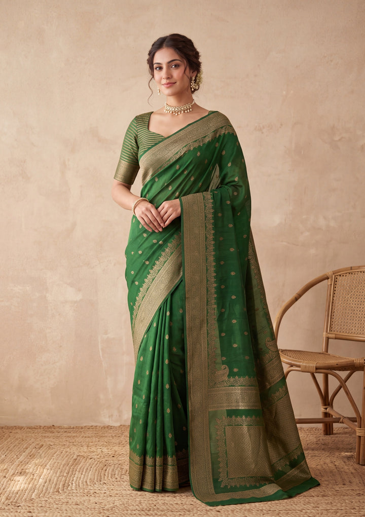 Peacock Blue Silk Buti Saree With Matching Blouse Piece