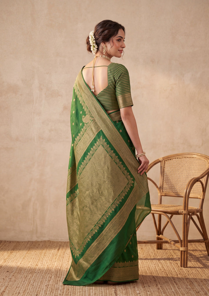 Peacock Blue Silk Buti Saree With Matching Blouse Piece