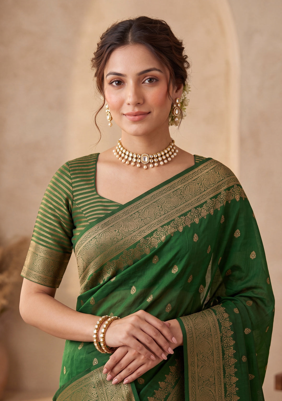Bottle Green Silk Buti Banarasi Saree With Matching Blouse Piece