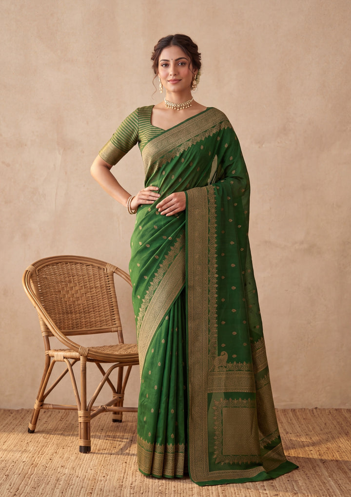 Bottle Green Silk Buti Banarasi Saree With Matching Blouse Piece