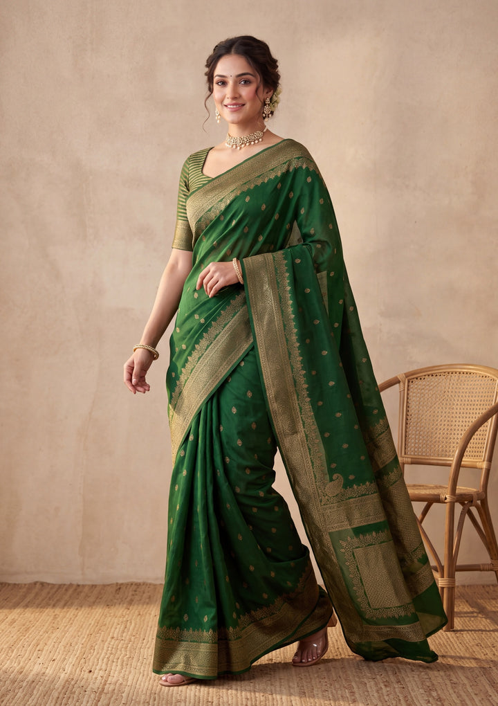 Bottle Green Silk Buti Banarasi Saree With Matching Blouse Piece