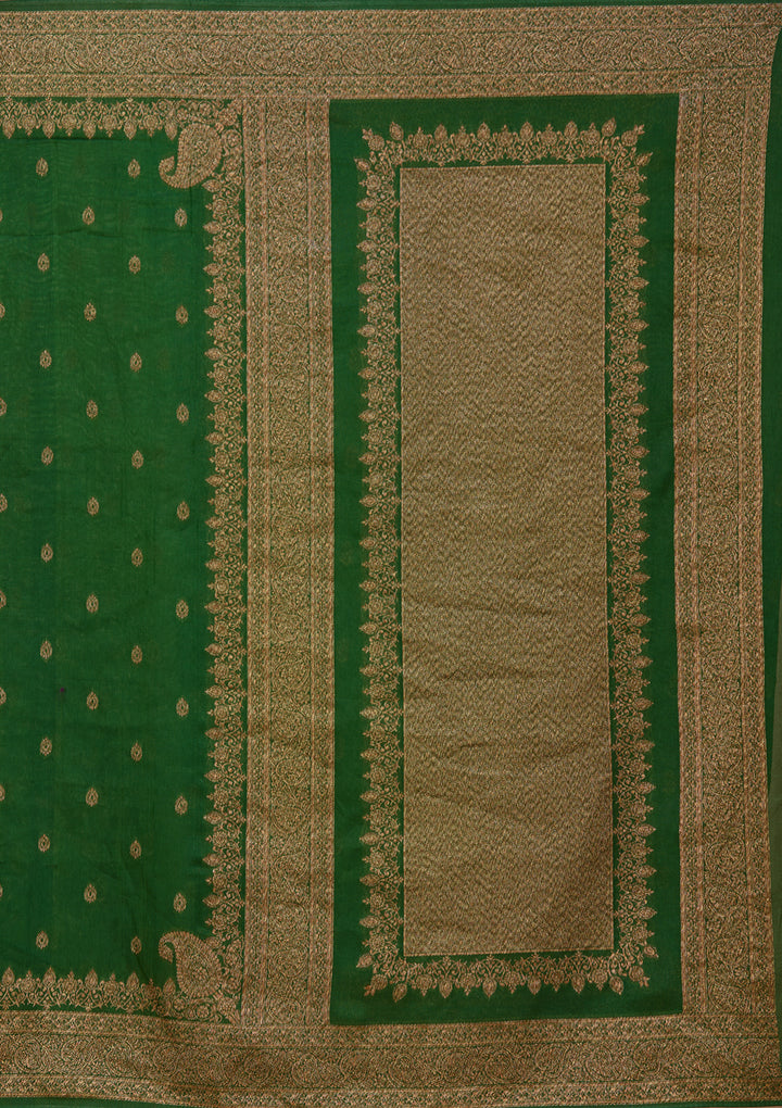 Bottle Green Silk Buti Banarasi Saree With Matching Blouse Piece