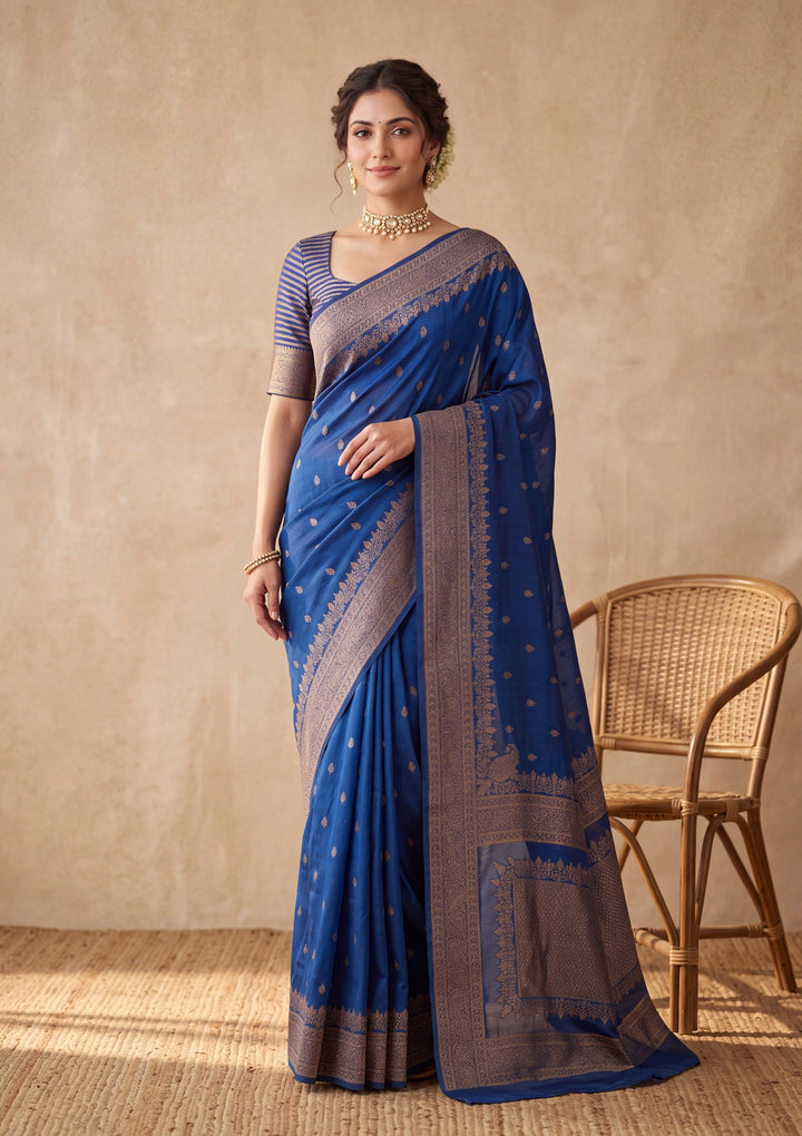 Peacock Blue Silk Buti Saree With Matching Blouse Piece