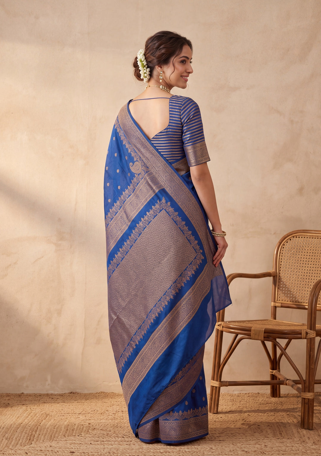 Peacock Blue Silk Buti Saree With Matching Blouse Piece
