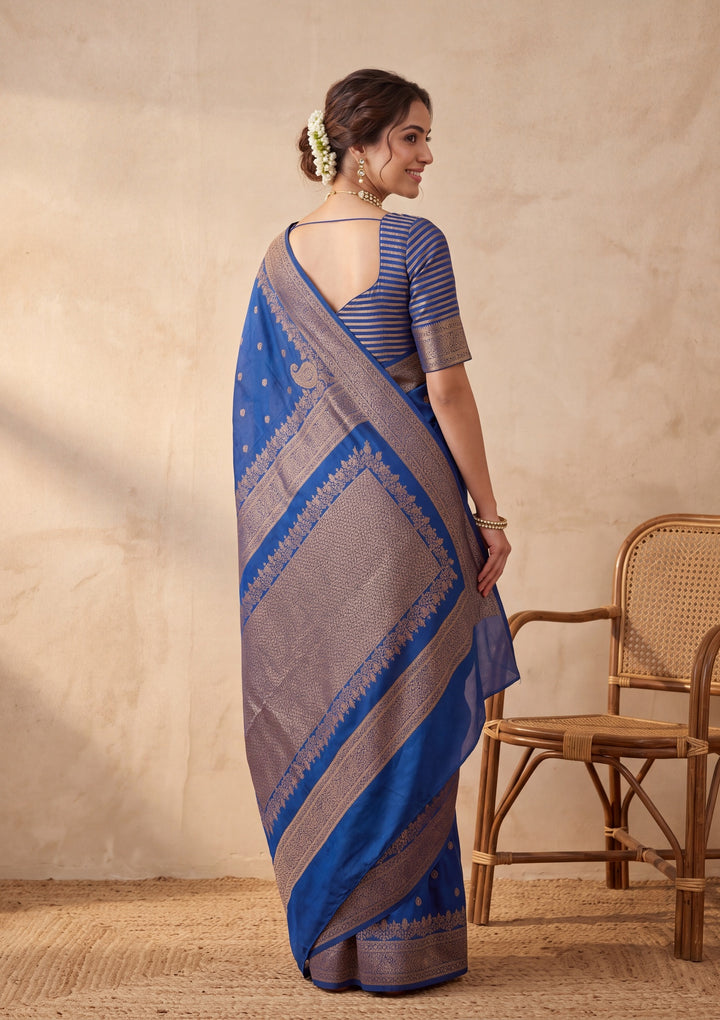 Peacock Blue Silk Buti Saree With Matching Blouse Piece