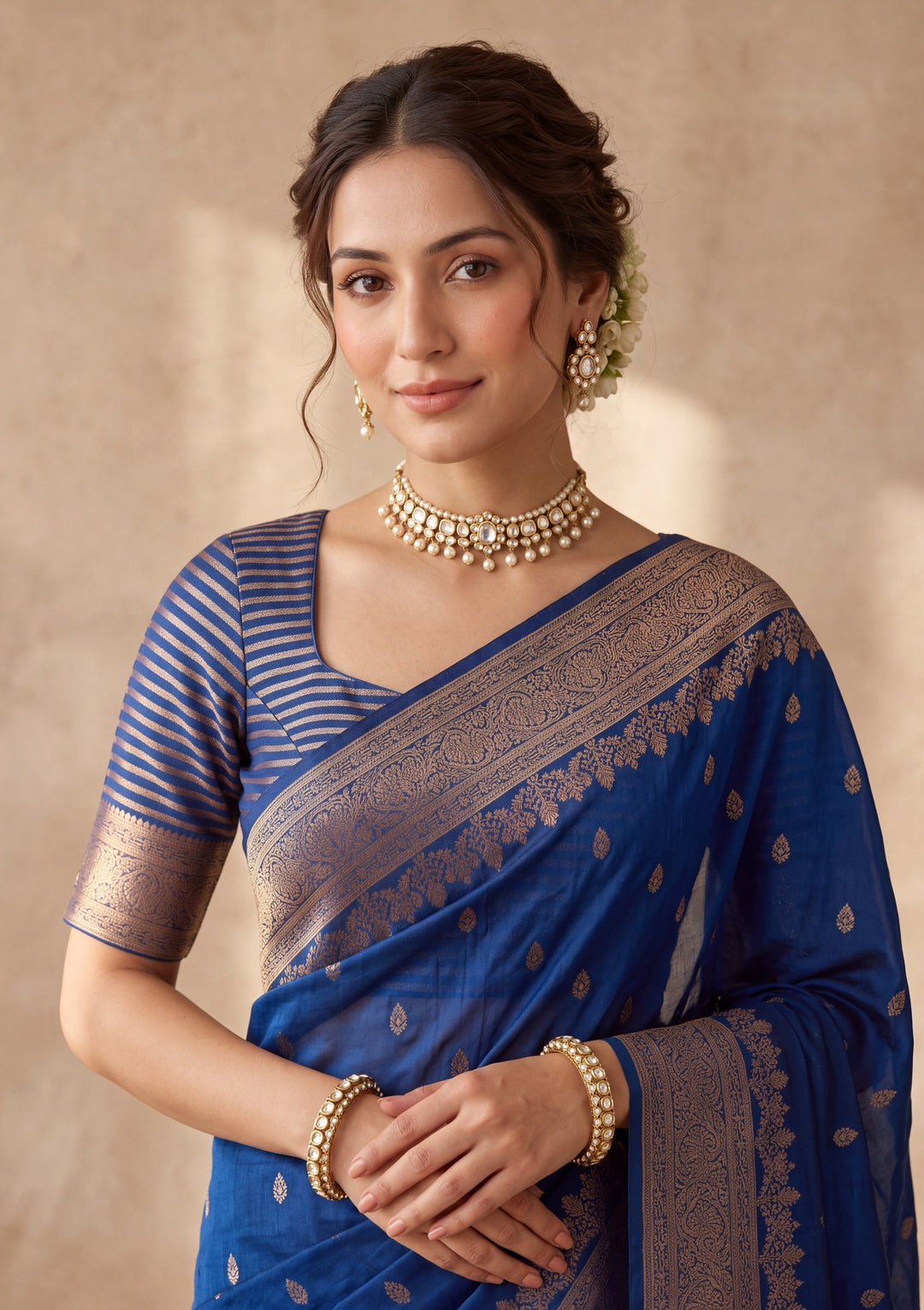 Peacock Blue Silk Buti Saree With Matching Blouse Piece