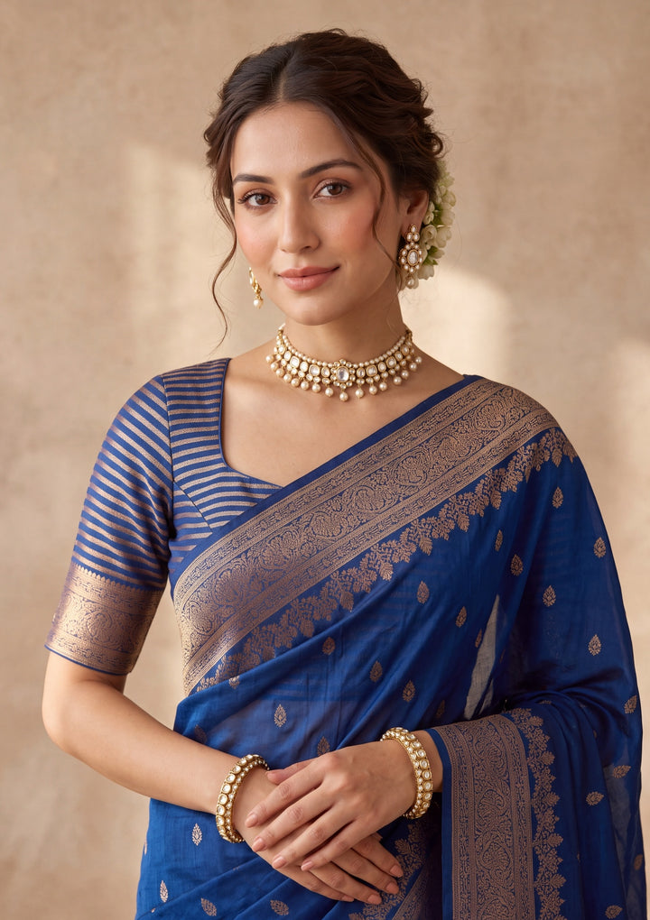Peacock Blue Silk Buti Saree With Matching Blouse Piece