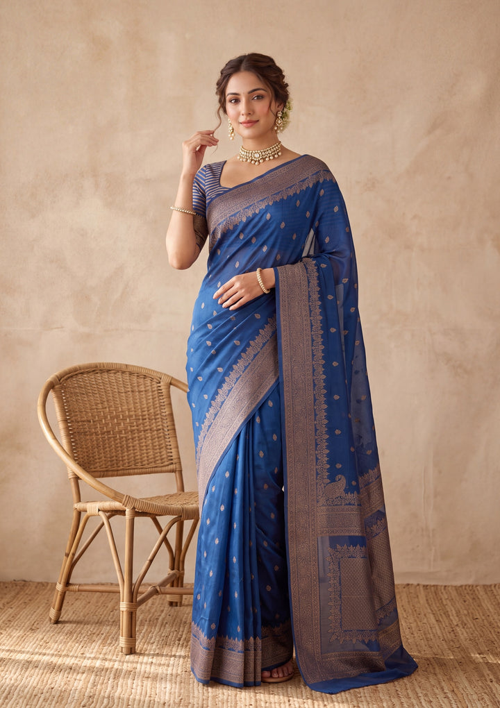 Peacock Blue Silk Buti Saree With Matching Blouse Piece