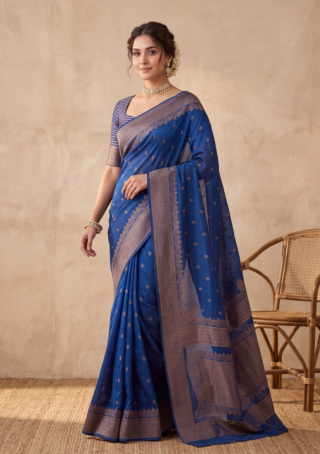 Peacock Blue Silk Buti Saree With Matching Blouse Piece