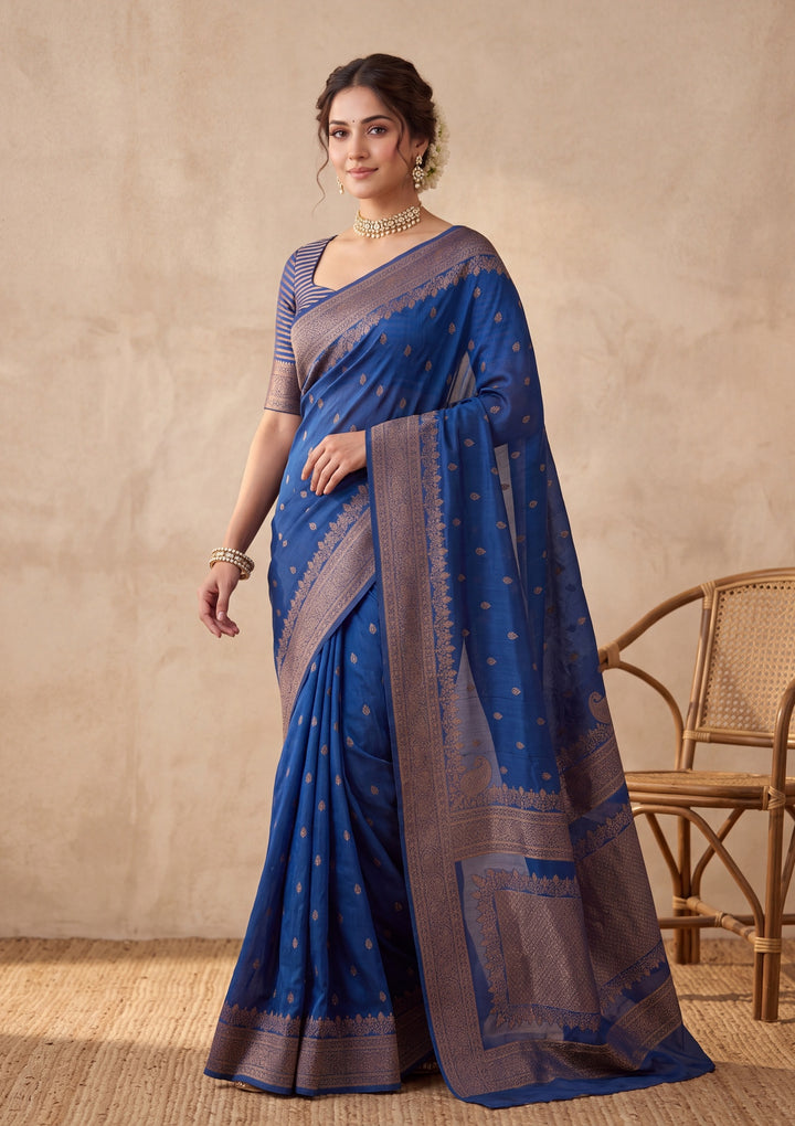 Peacock Blue Silk Buti Saree With Matching Blouse Piece