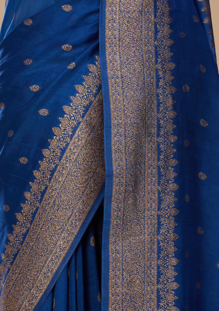 Peacock Blue Silk Buti Saree With Matching Blouse Piece