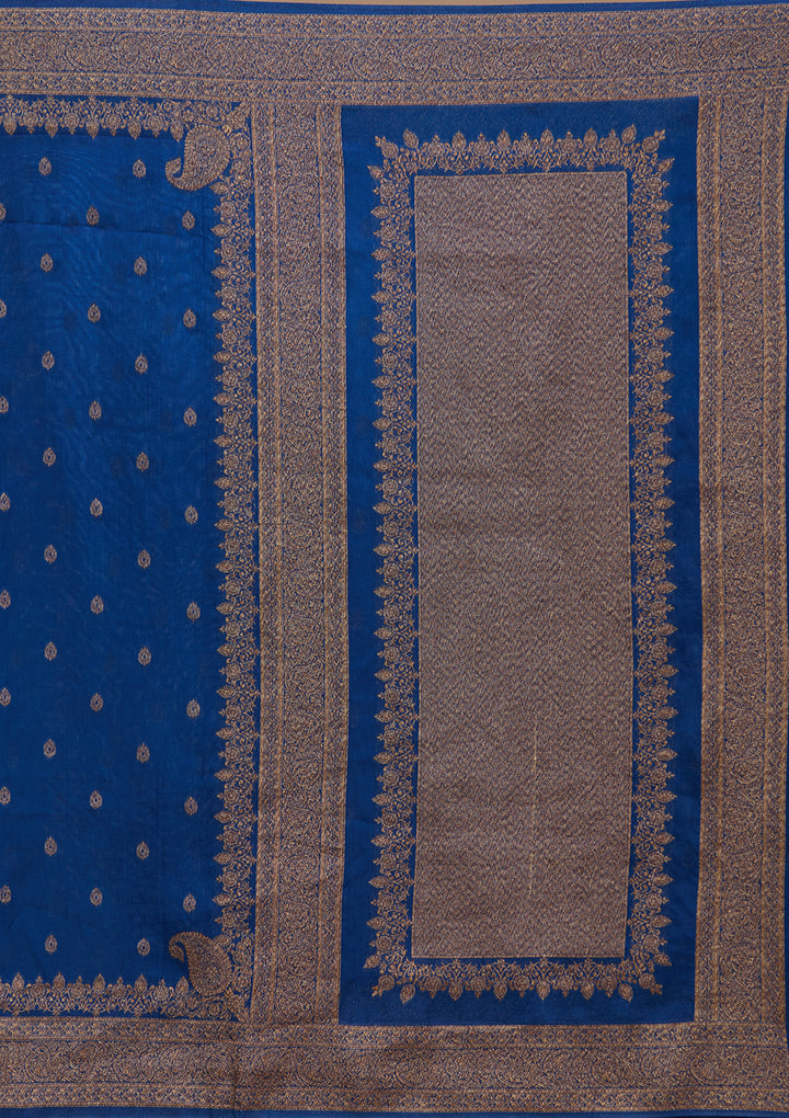 Peacock Blue Silk Buti Saree With Matching Blouse Piece