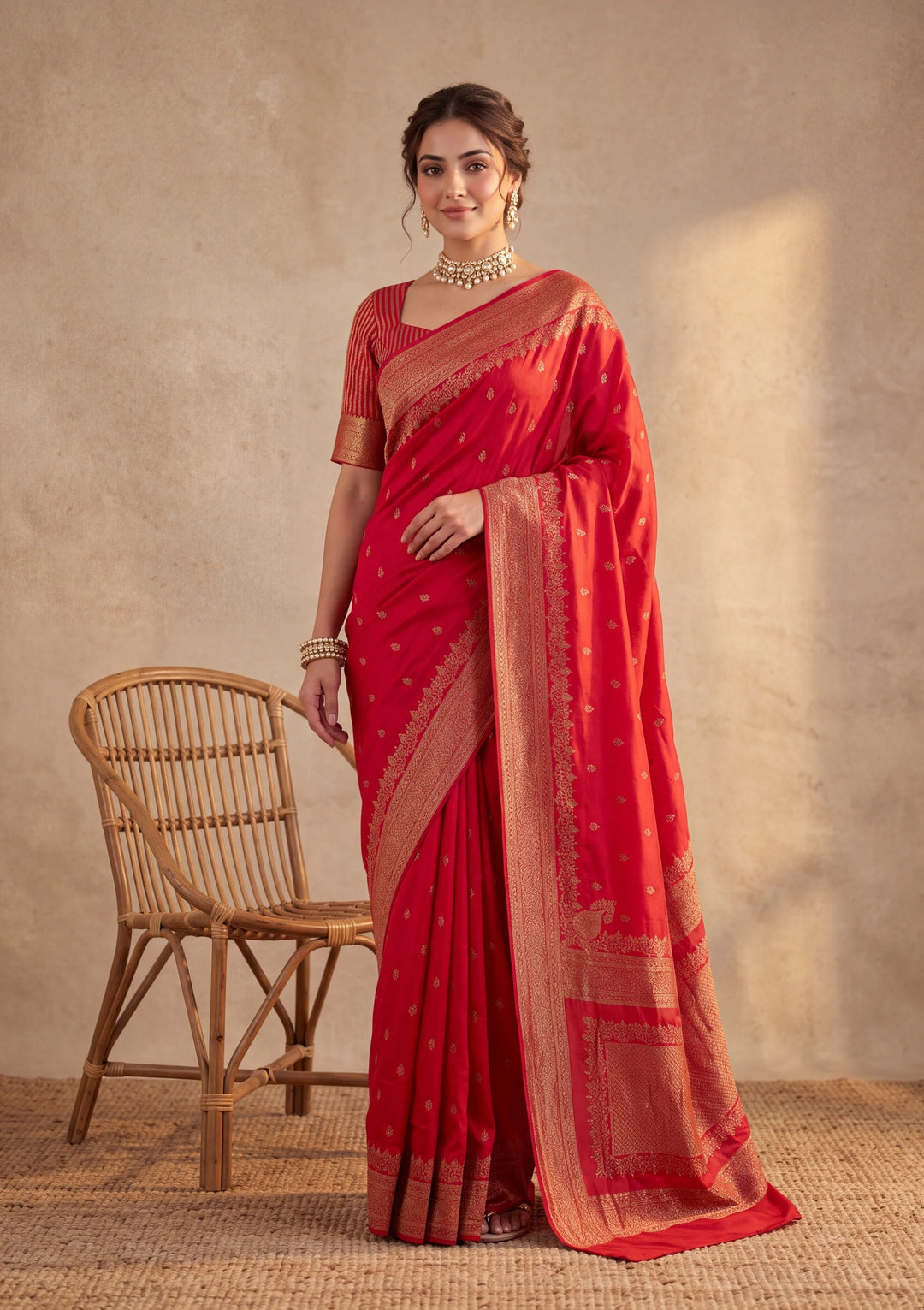 Red Silk Buti Saree With Matching Blouse Piece