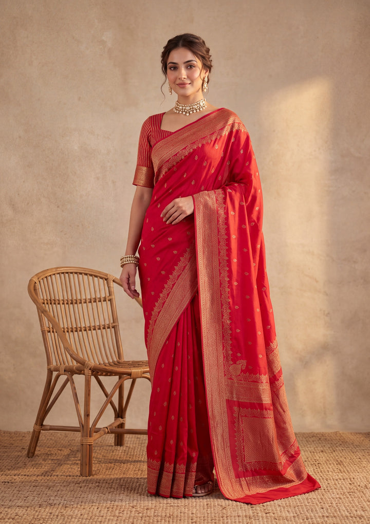 Red Silk Buti Saree With Matching Blouse Piece