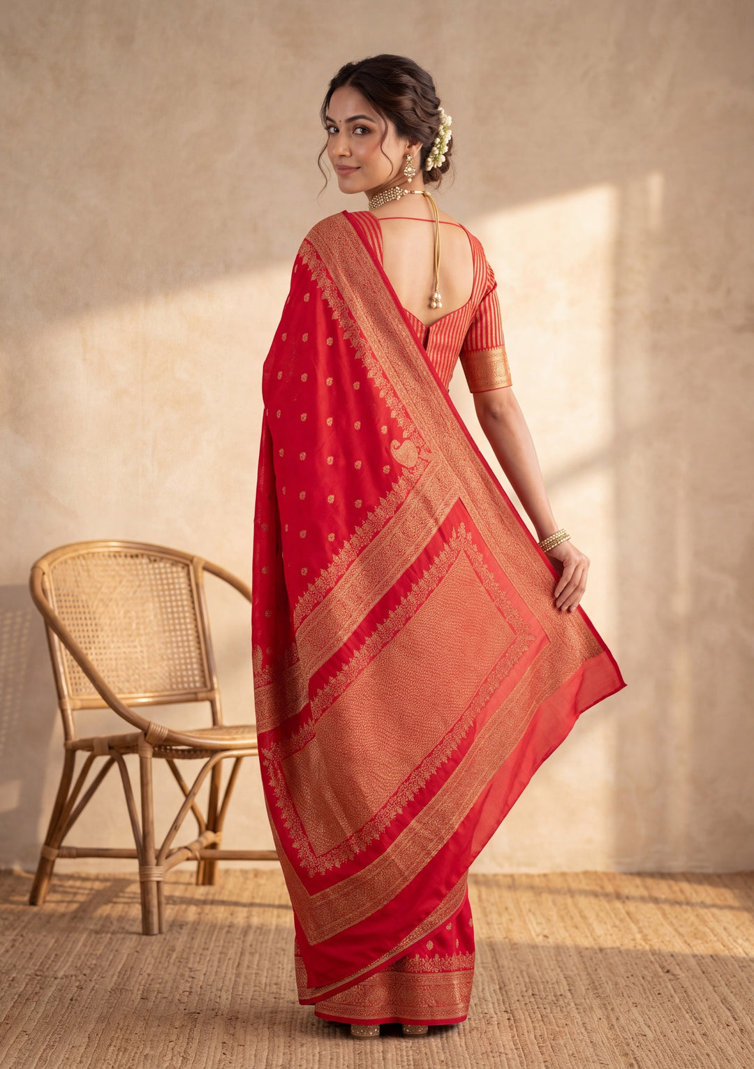 Red Silk Buti Saree With Matching Blouse Piece