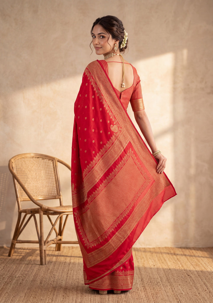 Red Silk Buti Saree With Matching Blouse Piece