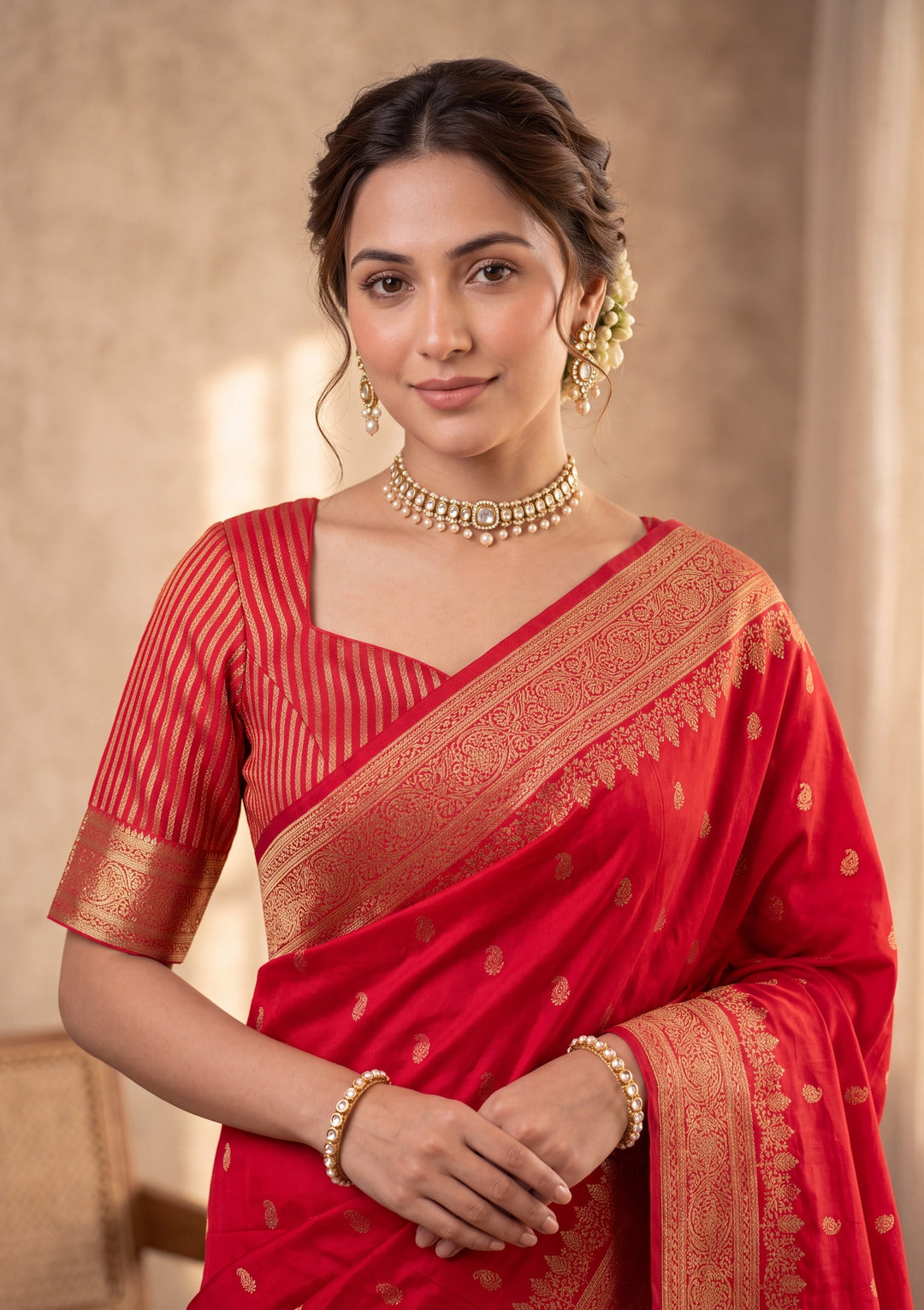 Red Silk Buti Saree With Matching Blouse Piece