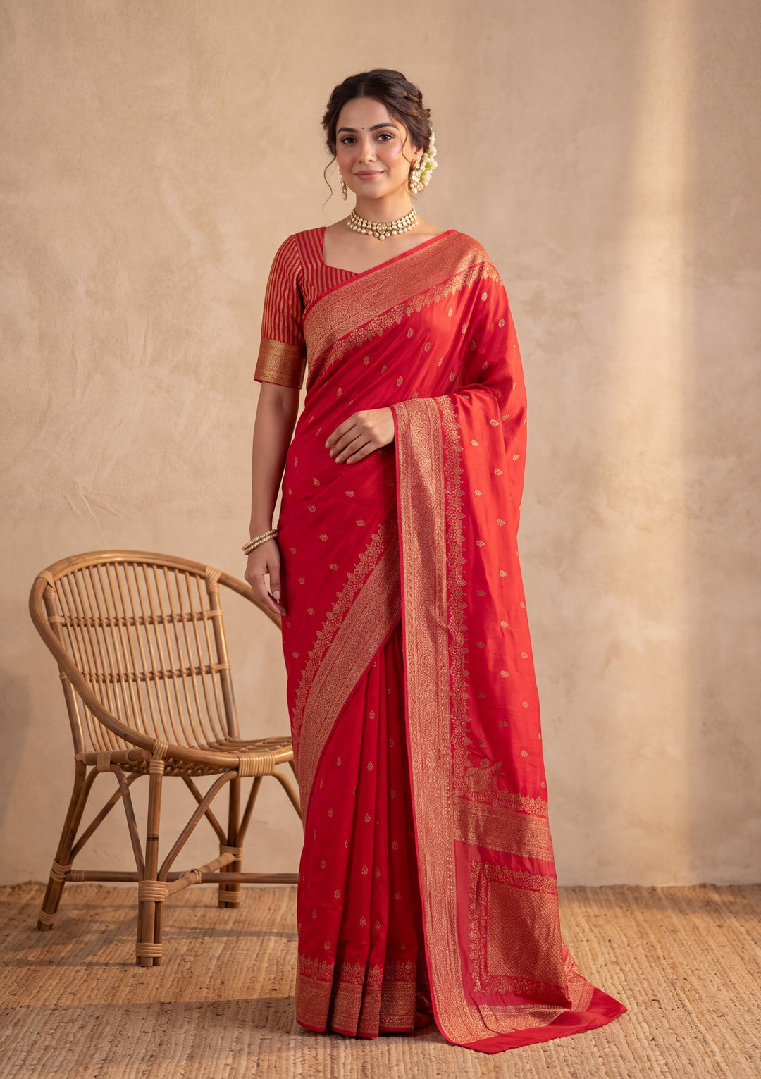 Red Silk Buti Saree With Matching Blouse Piece