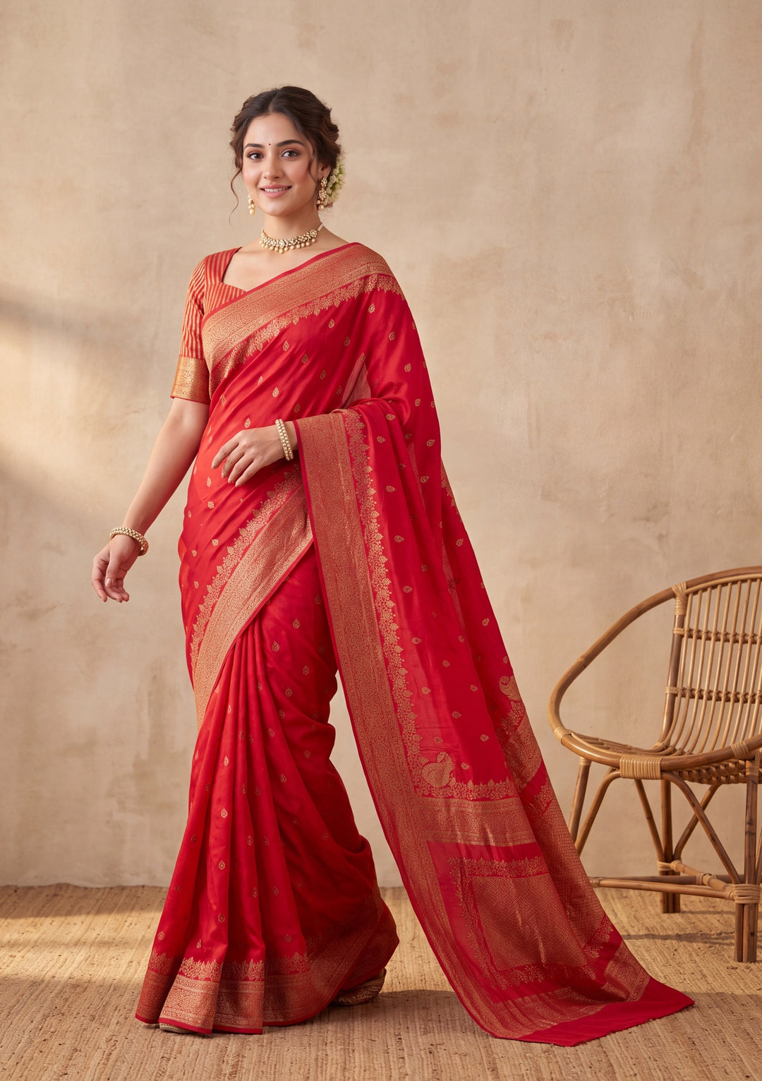 Red Silk Buti Saree With Matching Blouse Piece