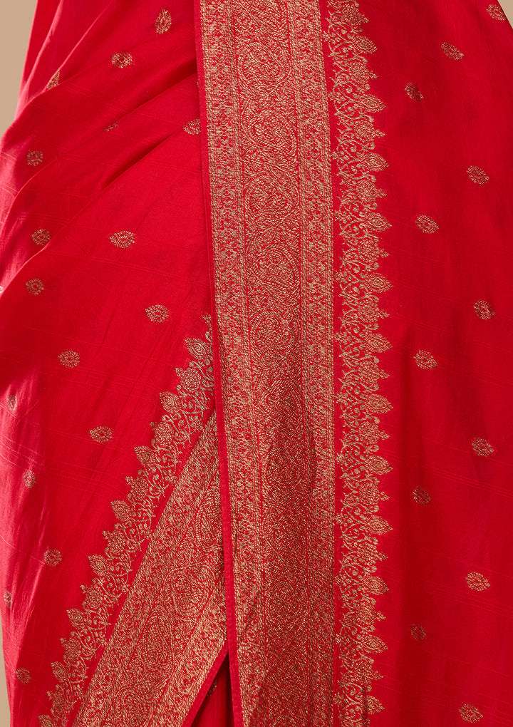 Red Silk Buti Saree With Matching Blouse Piece