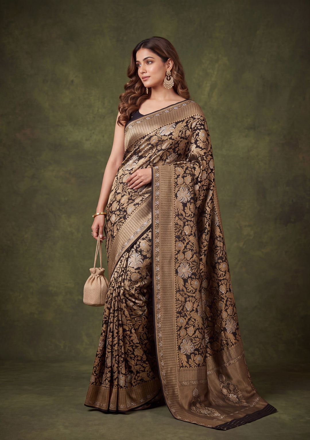 Black Silk Jaal Banarasi Saree With Matching Blouse Piece