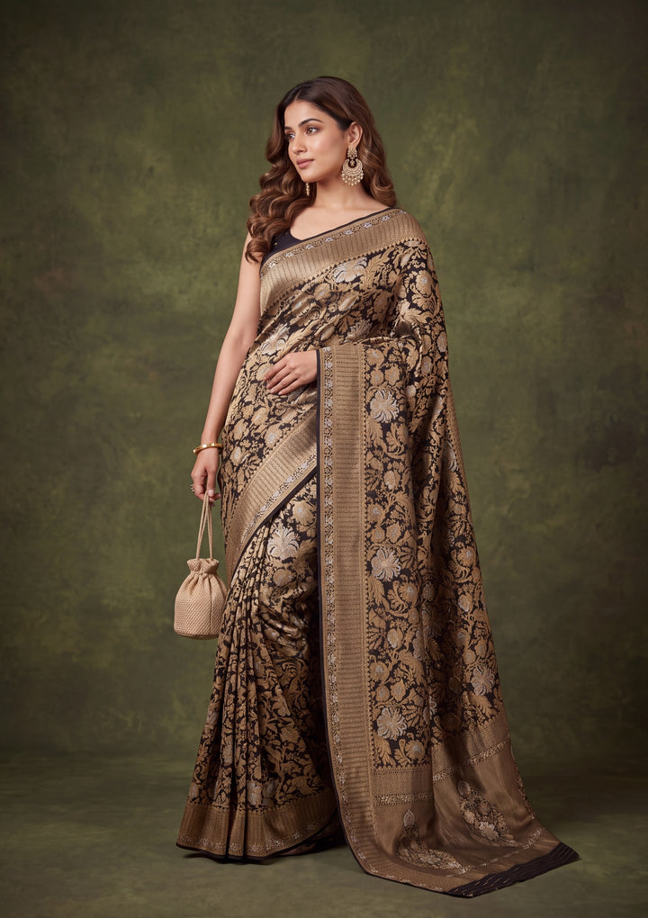 Black Silk Jaal Banarasi Saree With Matching Blouse Piece