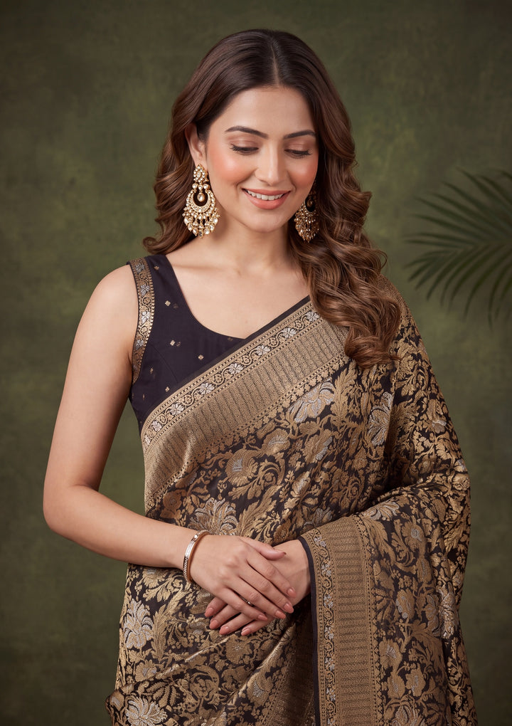 Black Silk Jaal Banarasi Saree With Matching Blouse Piece