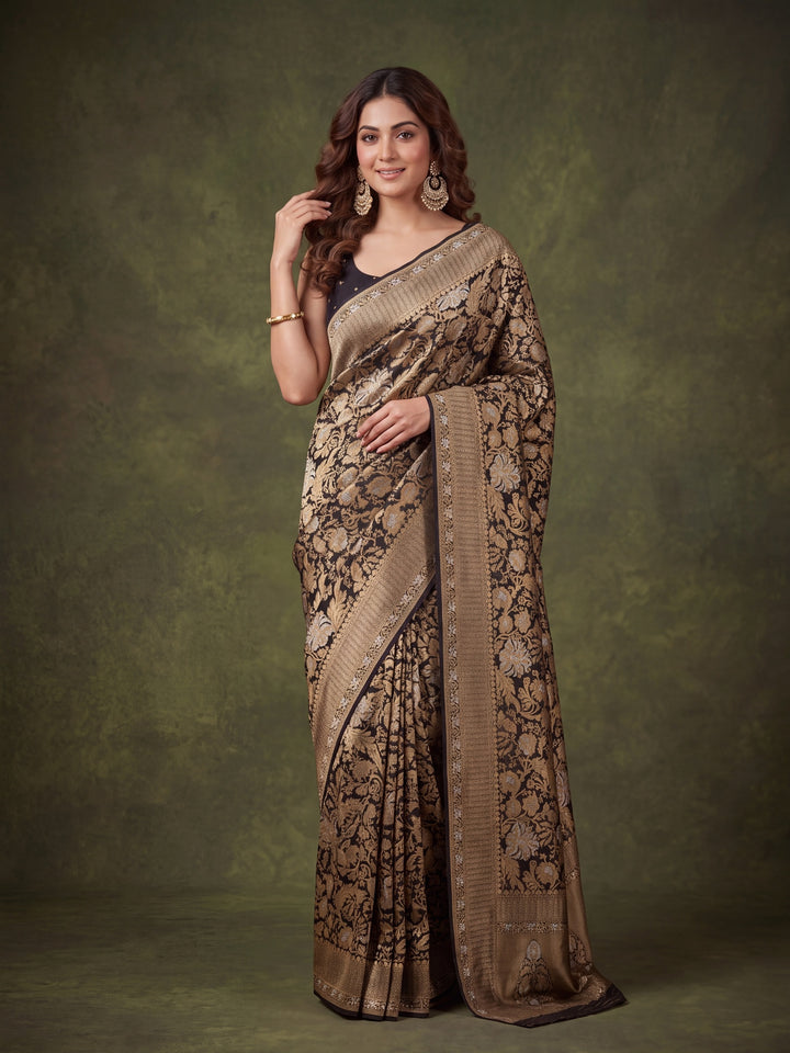 Black Silk Jaal Banarasi Saree With Matching Blouse Piece