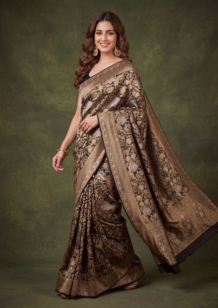 Black Silk Jaal Banarasi Saree With Matching Blouse Piece