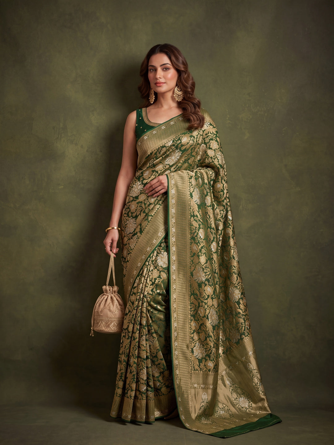Bottle Green Silk Jaal Saree With Matching Blouse Piece