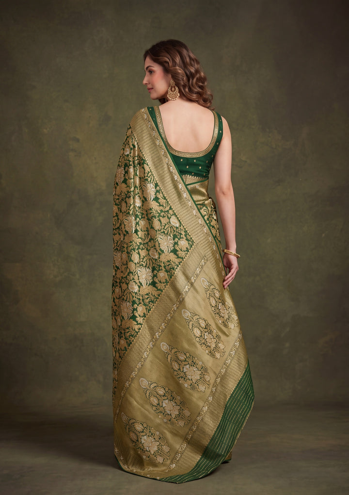 Bottle Green Silk Jaal Saree With Matching Blouse Piece