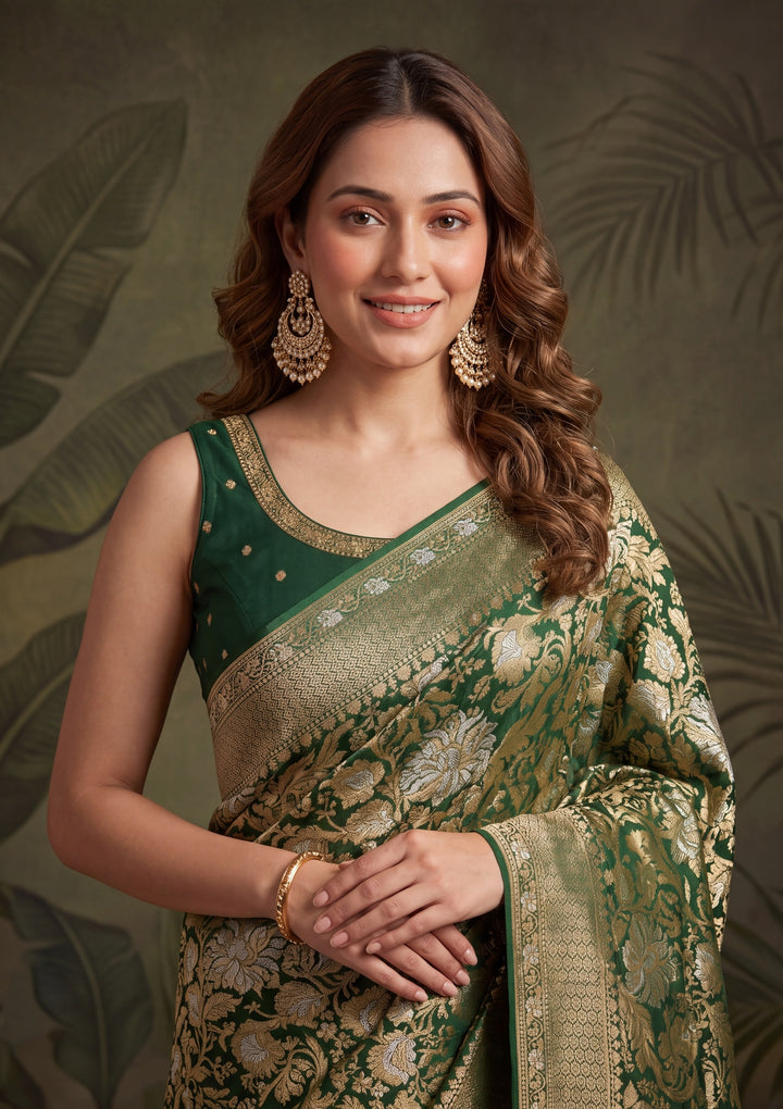 Bottle Green Silk Jaal Saree With Matching Blouse Piece