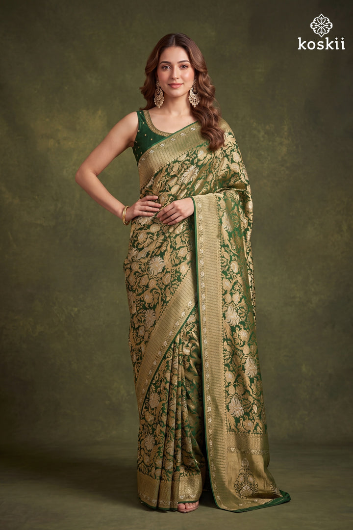 Bottle Green Silk Jaal Saree With Matching Blouse Piece