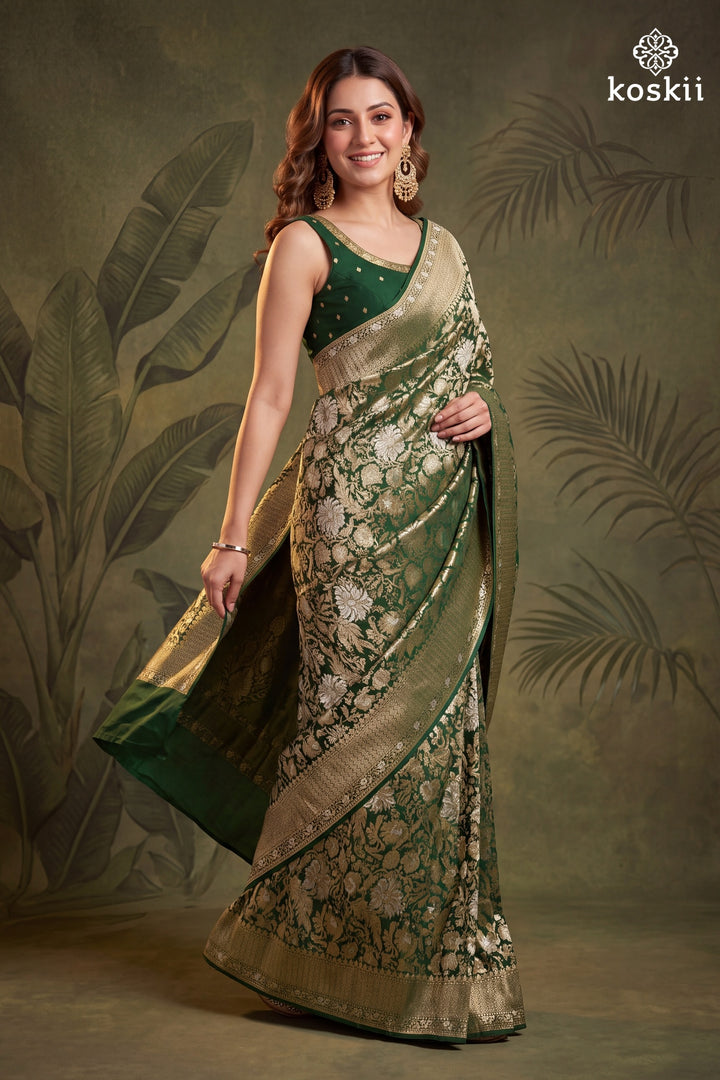 Bottle Green Silk Jaal Saree With Matching Blouse Piece
