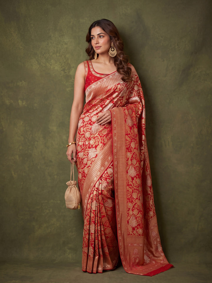 Rust Silk Jaal Saree With Matching Blouse Piece