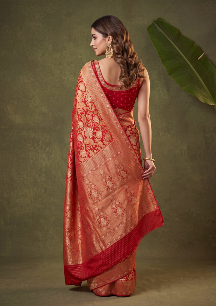 Rust Silk Jaal Saree With Matching Blouse Piece