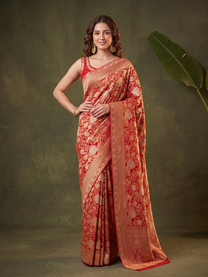 Rust Silk Jaal Saree With Matching Blouse Piece