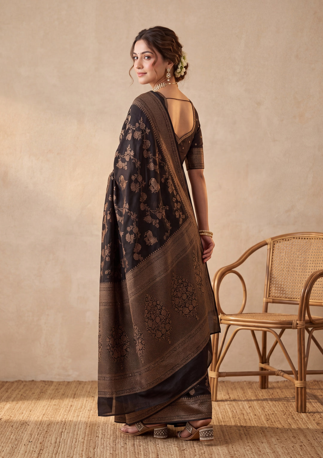 Black Silk Jaal Saree With Matching Blouse Piece