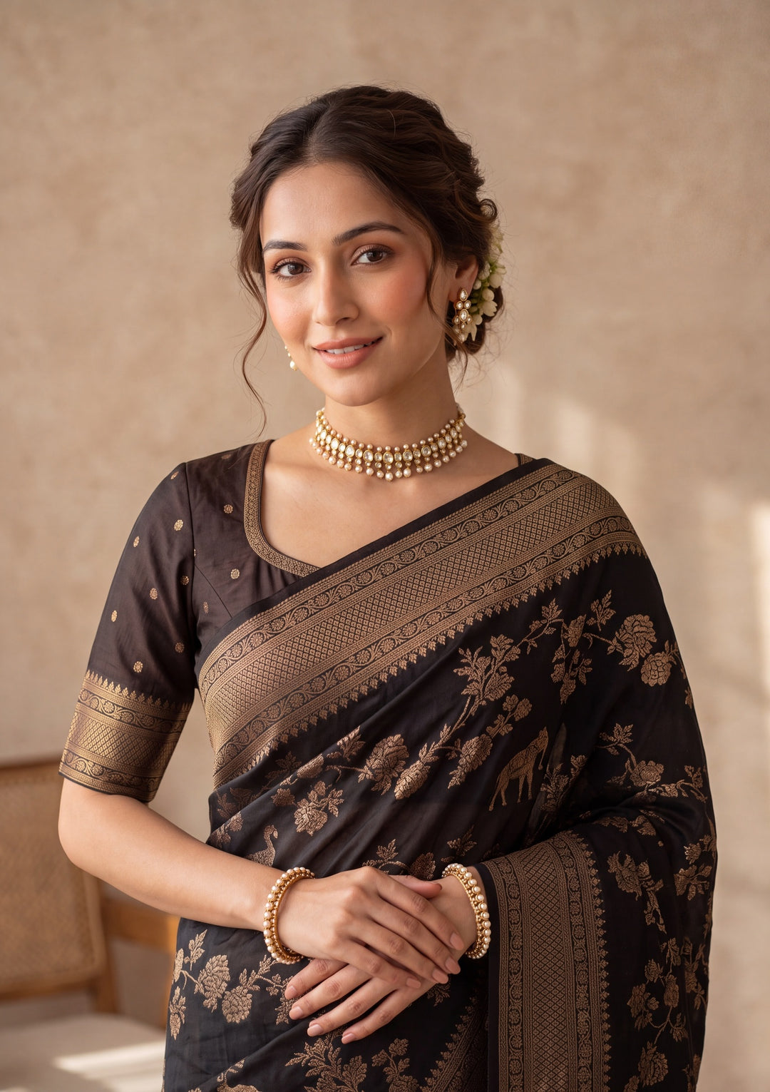 Black Silk Jaal Saree With Matching Blouse Piece