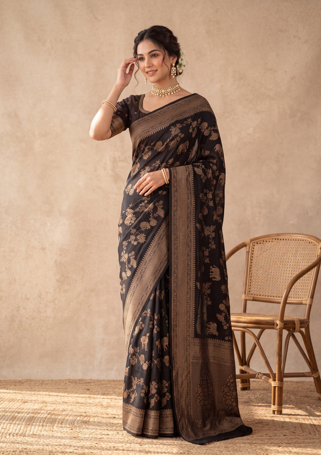 Black Silk Jaal Saree With Matching Blouse Piece