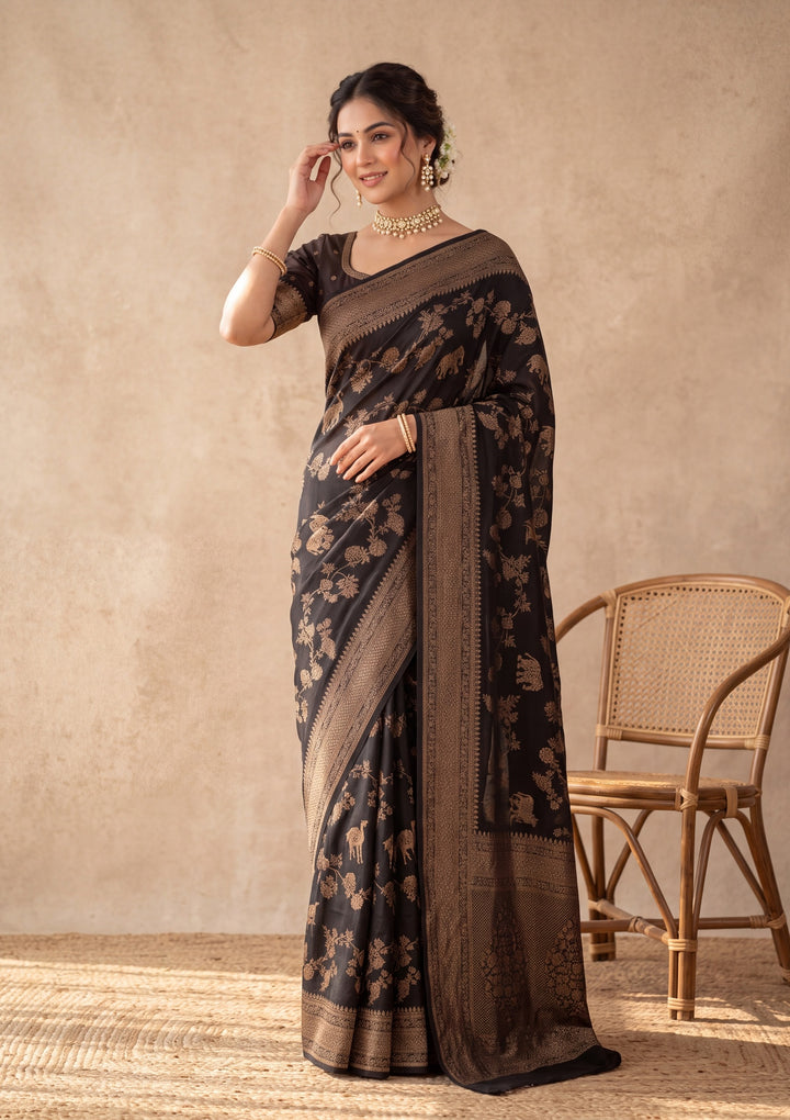 Black Silk Jaal Saree With Matching Blouse Piece