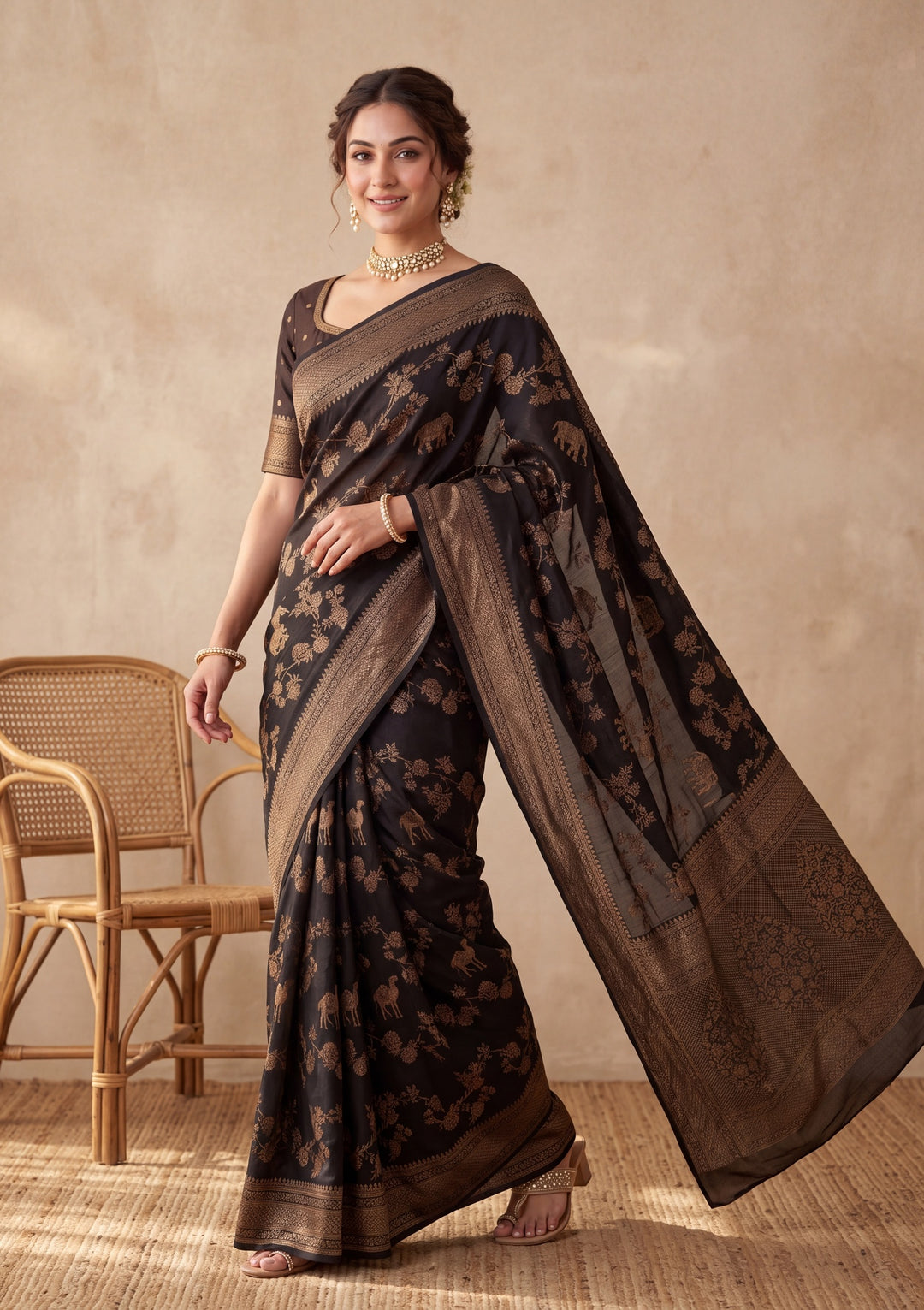 Black Silk Jaal Saree With Matching Blouse Piece