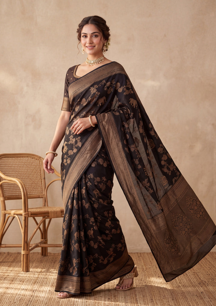 Black Silk Jaal Saree With Matching Blouse Piece
