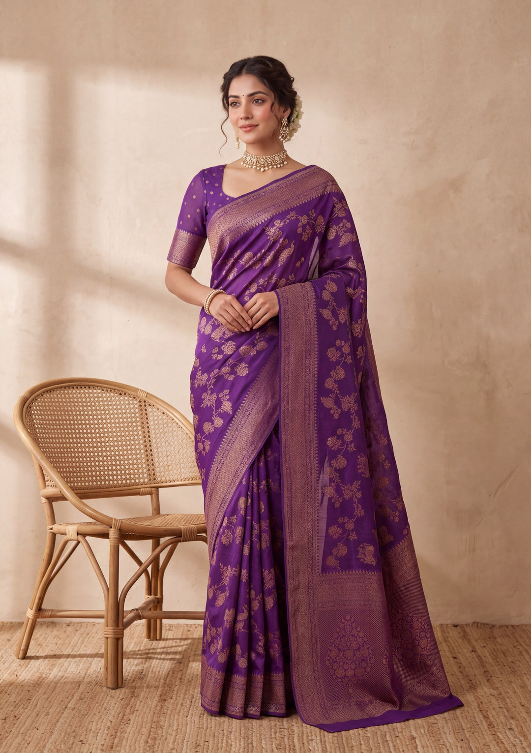 Purple Silk Jaal Saree With Matching Blouse Piece