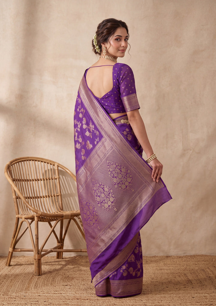 Purple Silk Jaal Saree With Matching Blouse Piece