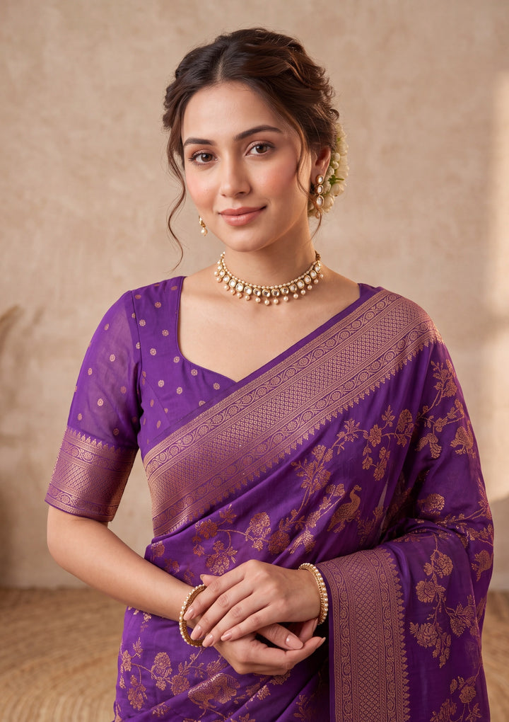 Purple Silk Jaal Saree With Matching Blouse Piece