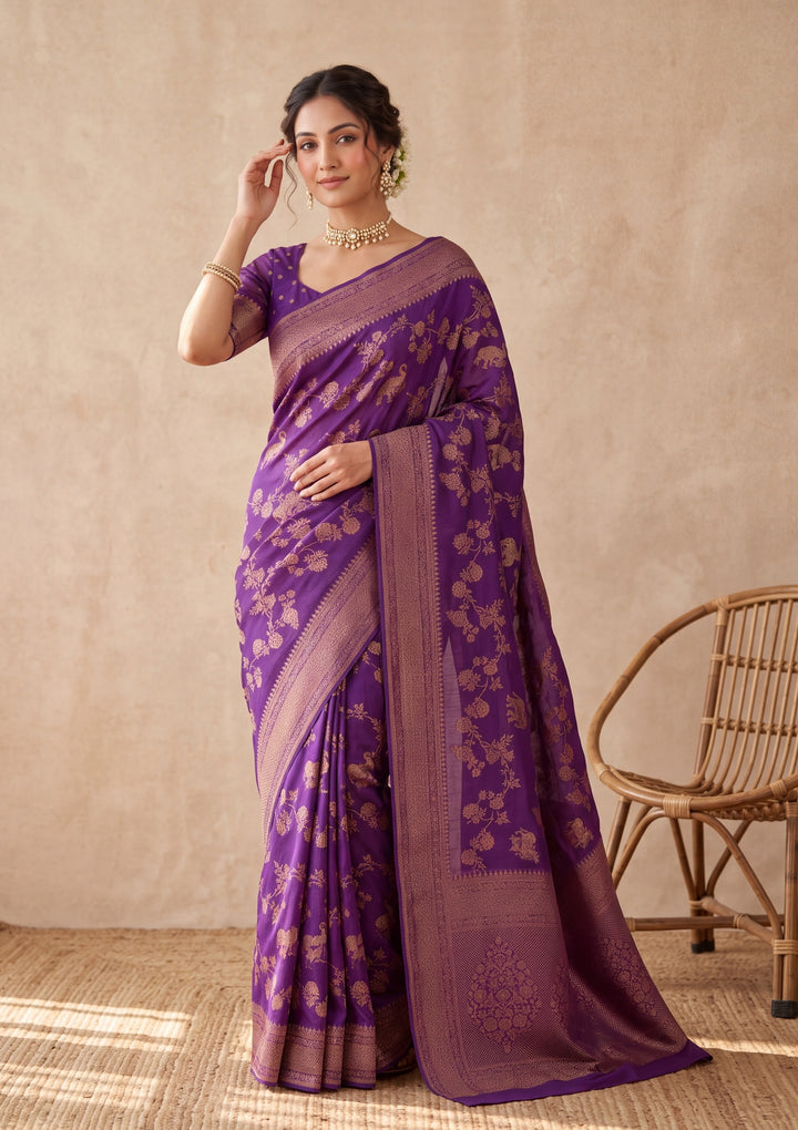 Purple Silk Jaal Saree With Matching Blouse Piece